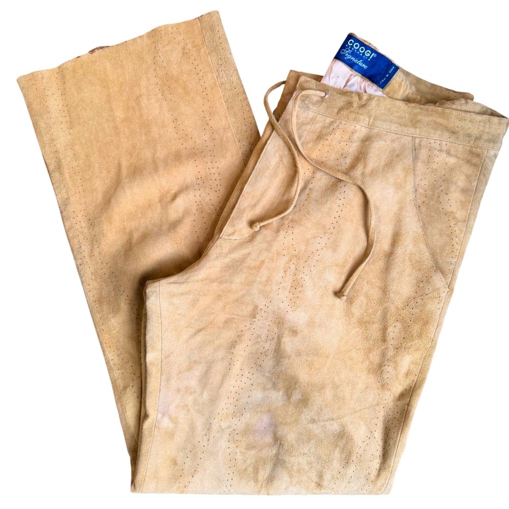 Coogi Australia Signature Vintage Genuine Leather Suede Die Cut Pants Tan 36x31‎